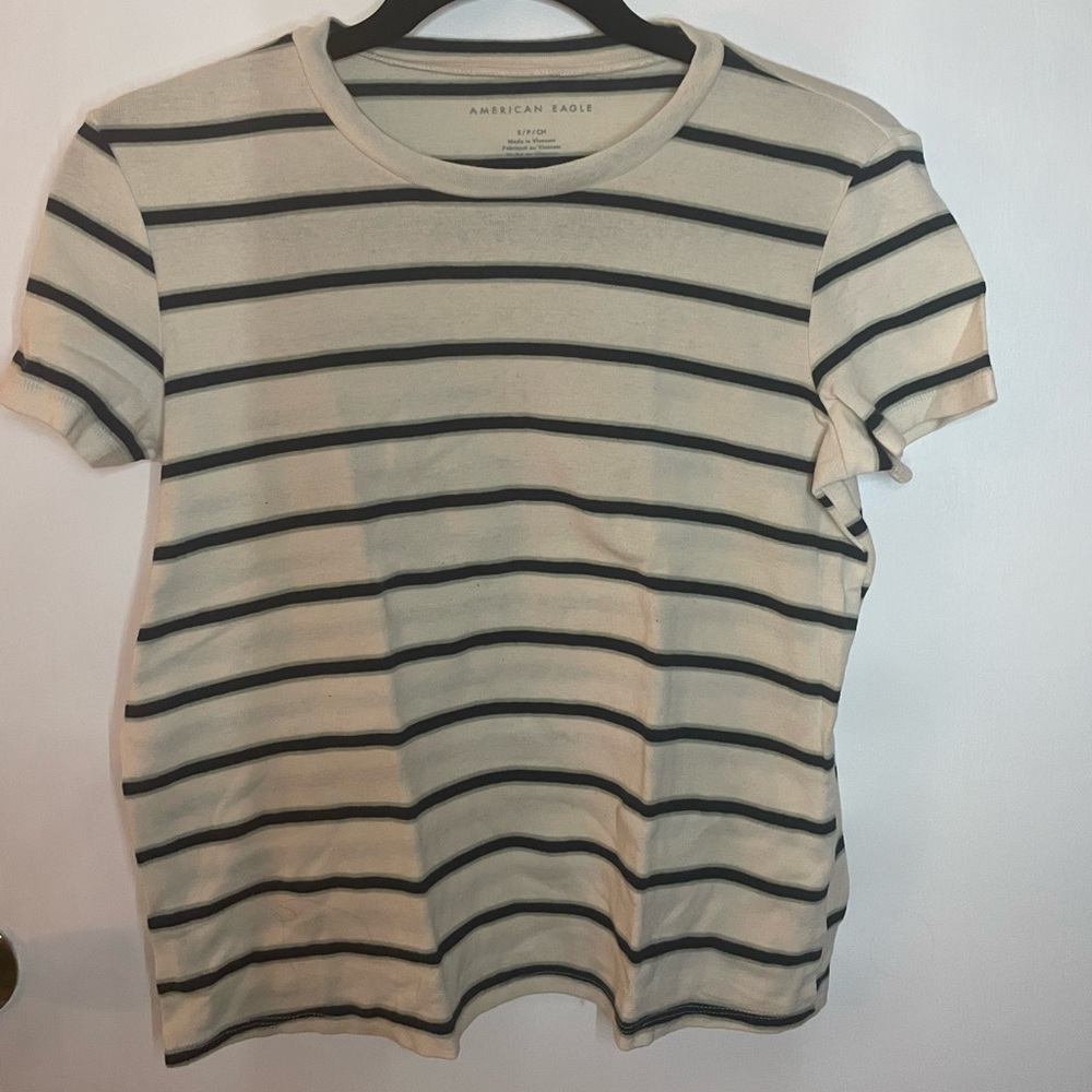 American Eagle Striped Shirt White with Mint Green and Navy stripes. Size small!